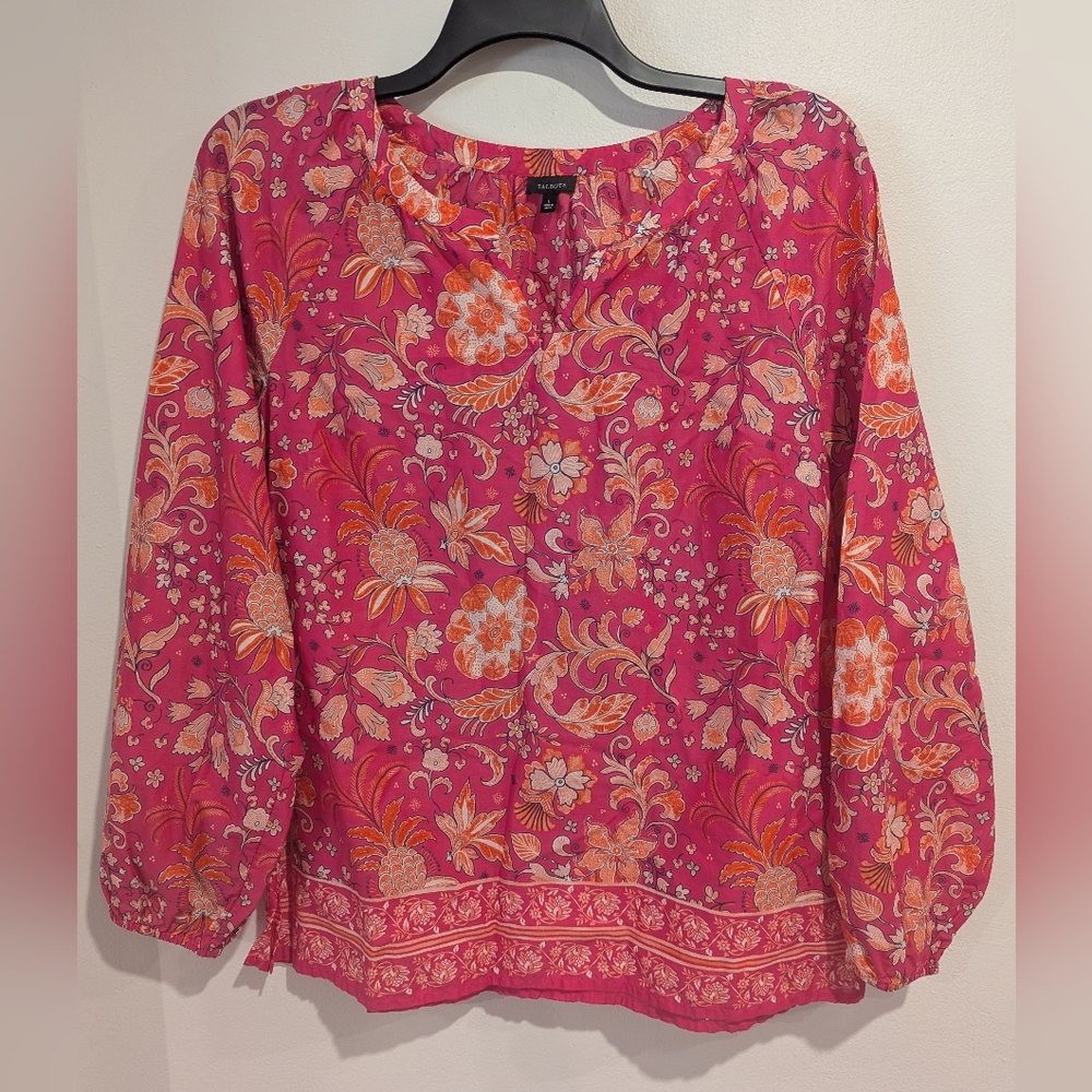 Talbots 100% Cotton Notch Collar Vibrant Pink and Orange Floral Blouse Size L